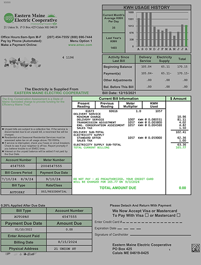 The line item charges on your bill appear in the section of the bill highlighted in this picture of a residential bill.