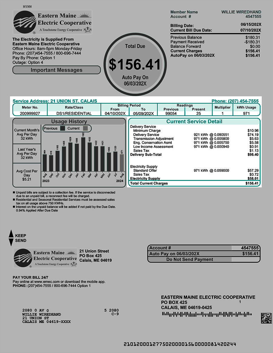 The line item charges on your bill appear in the section of the bill highlighted in this picture of a residential bill.